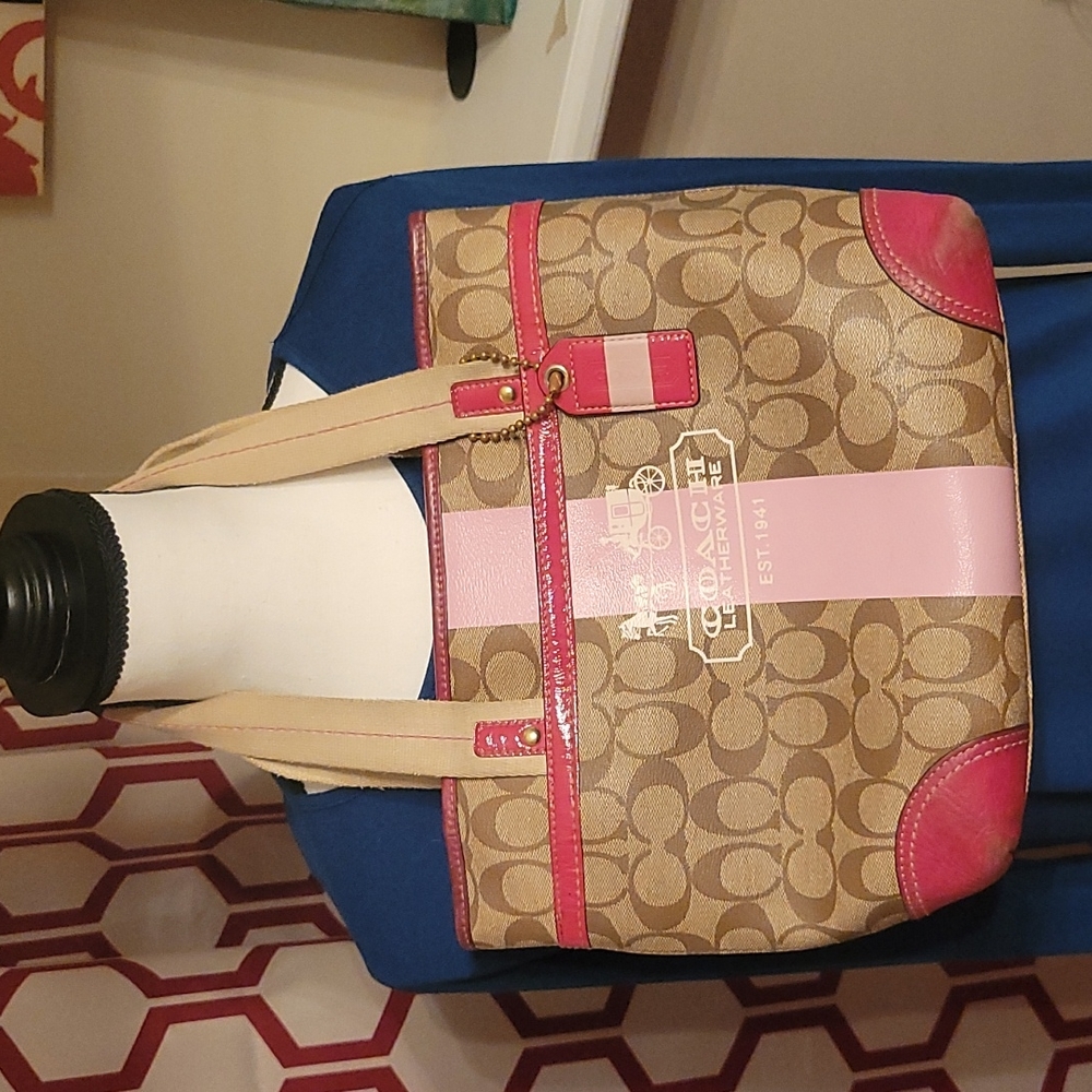 Coach Tan Signature Canvas Tote with Pink Accents